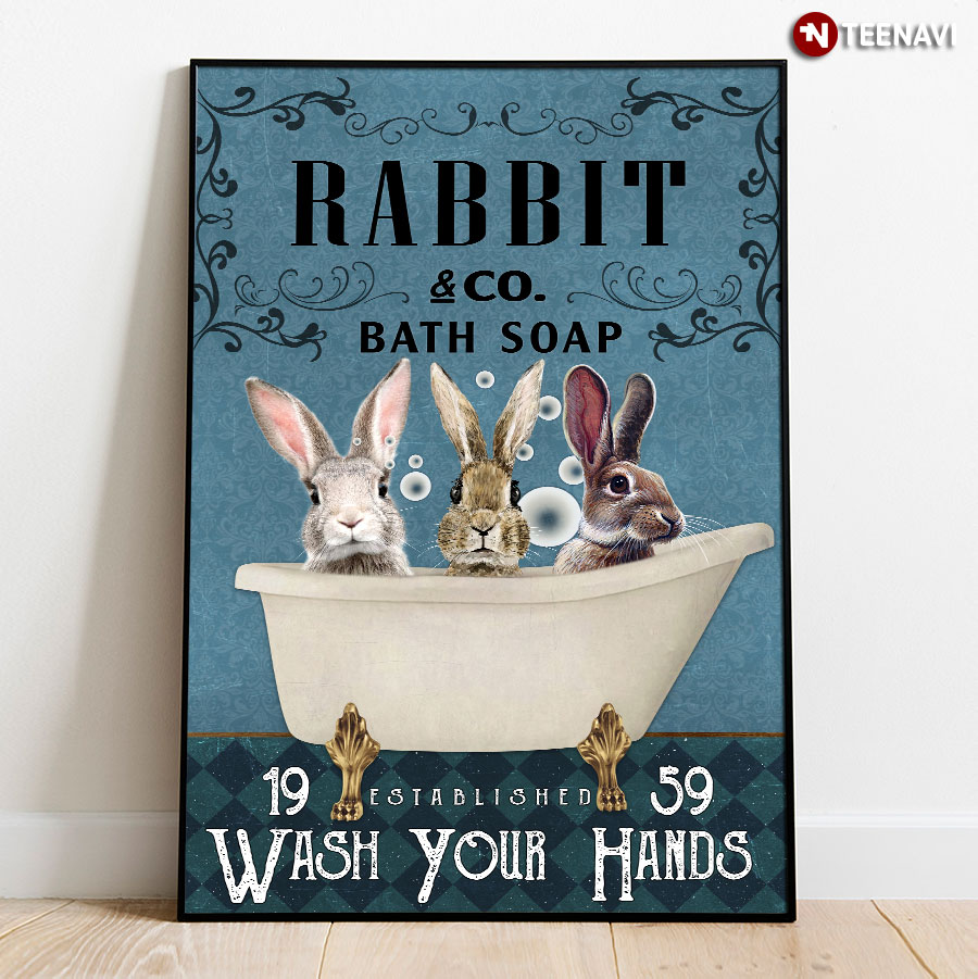 Vintage Three Rabbits Taking Bath In Bathtub Rabbit & Co. Bath Soap Established 1959 Wash Your Hands Poster
