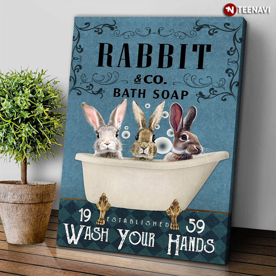 Vintage Three Rabbits Taking Bath In Bathtub Rabbit & Co. Bath Soap Established 1959 Wash Your Hands Poster