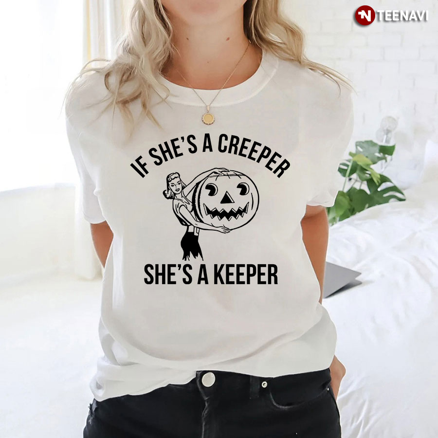 If She's A Teacher She's A Keeper Girl With Jack O' Lantern for Halloween T-Shirt