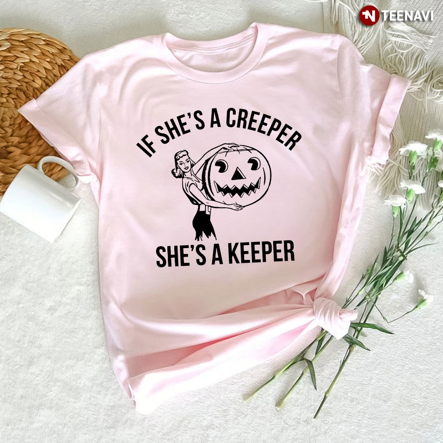 If She's A Teacher She's A Keeper Girl With Jack O' Lantern for Halloween T-Shirt