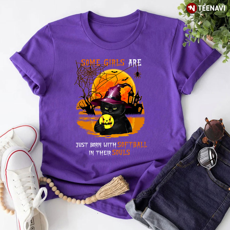 Some Girls Are Just Born With Softball In Their Souls Black Cat Witch for Halloween T-Shirt