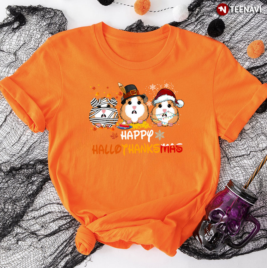 Happy Hallothanksmas Hamster Thanksgiving Halloween Christmas T-Shirt