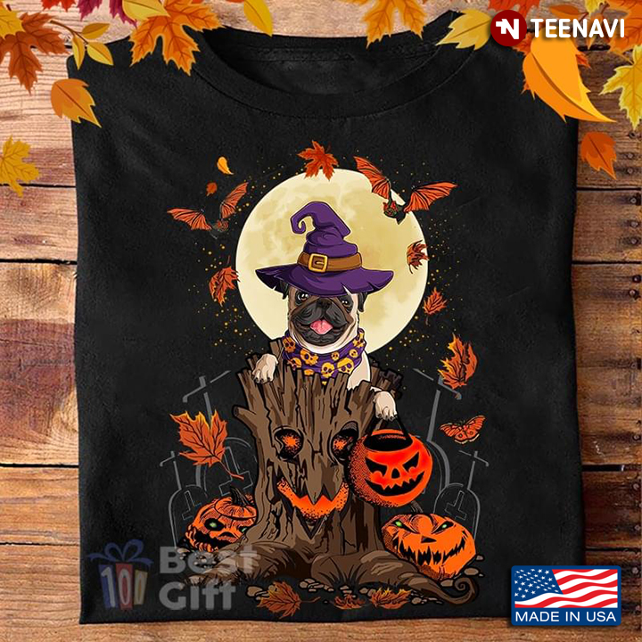 Halloween Pug Witch and Dead Tree For Dog Lover