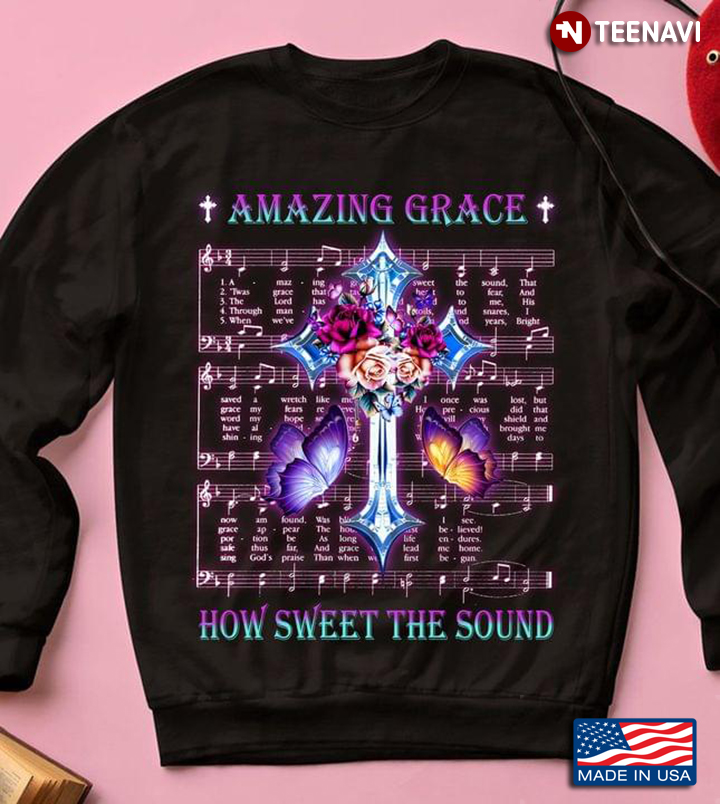 Amazing Grace How Sweet The Sound Floral Cross and Butterflies