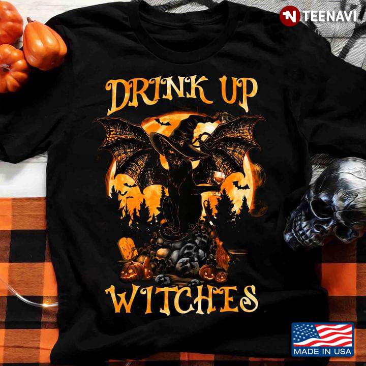 Halloween Black Cat with Bat Wings Drink Up Witches