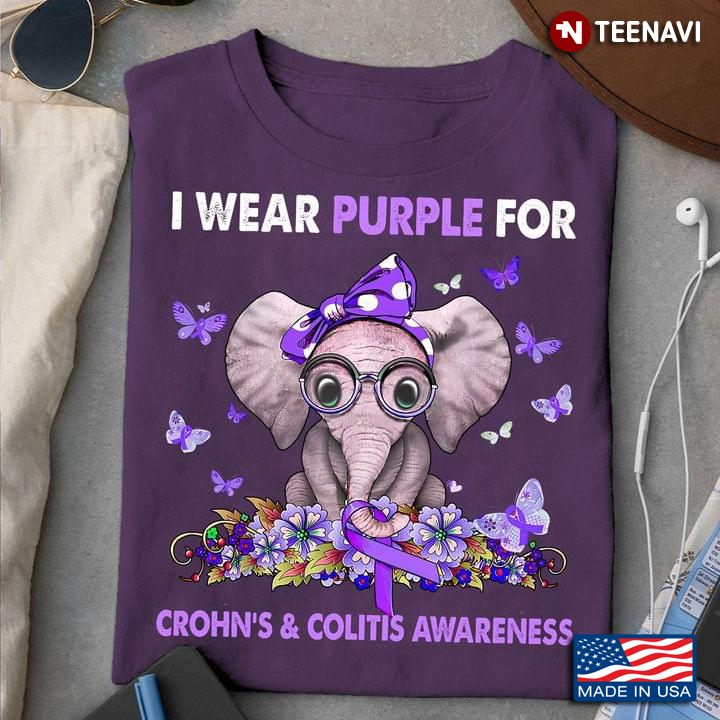 Baby Elephant Butterfies I Wear Purple for Crohn's & Colitis Awareness