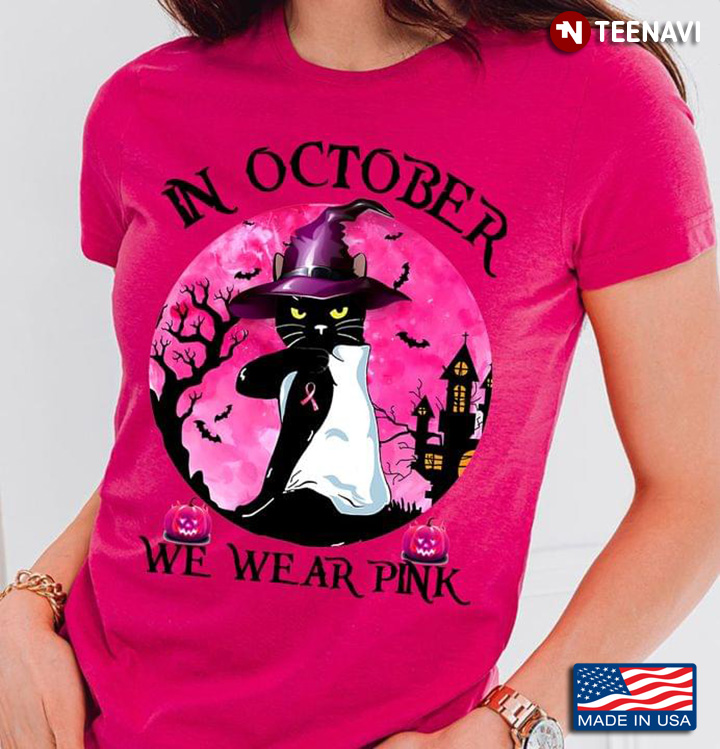 Halloween Black Cat Witch In October We Wear Pink Breast Cancer Awareness T-Shirt