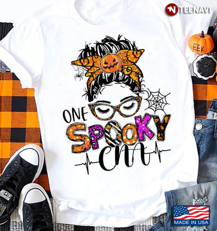 Messy Bun Lady One Spooky CNA Halloween Gift for Nurse T-Shirt