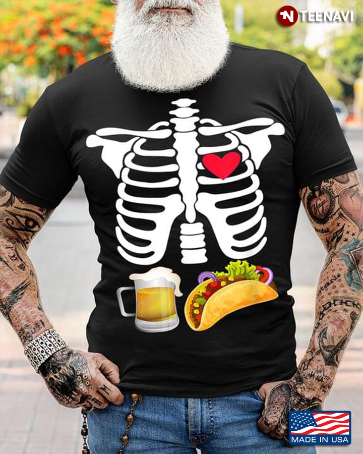 Funny Skeleton Loves Beer and Taco