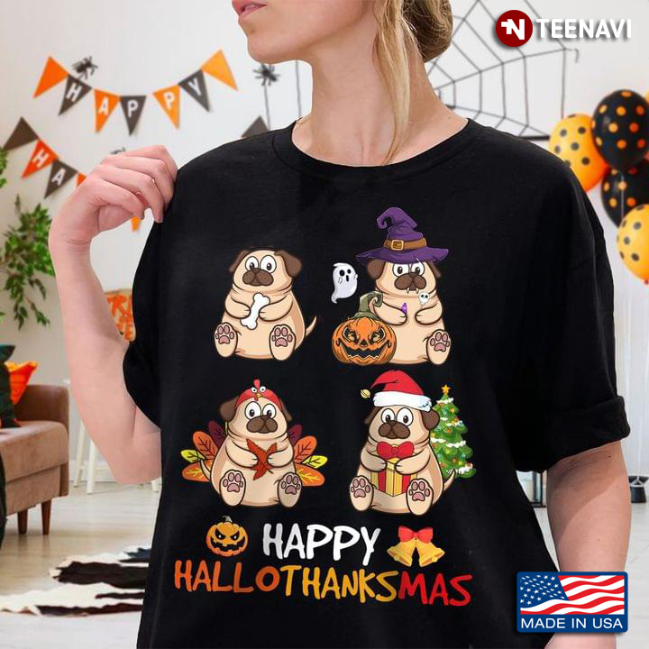 Happy Hallothanksmas Lovely Pugs in Holiday Costumes for Dog Lover