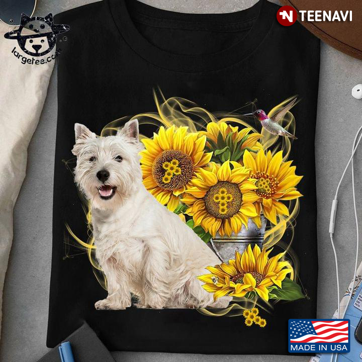 Westie Terrier And Hummingbird Beside Sunflowers