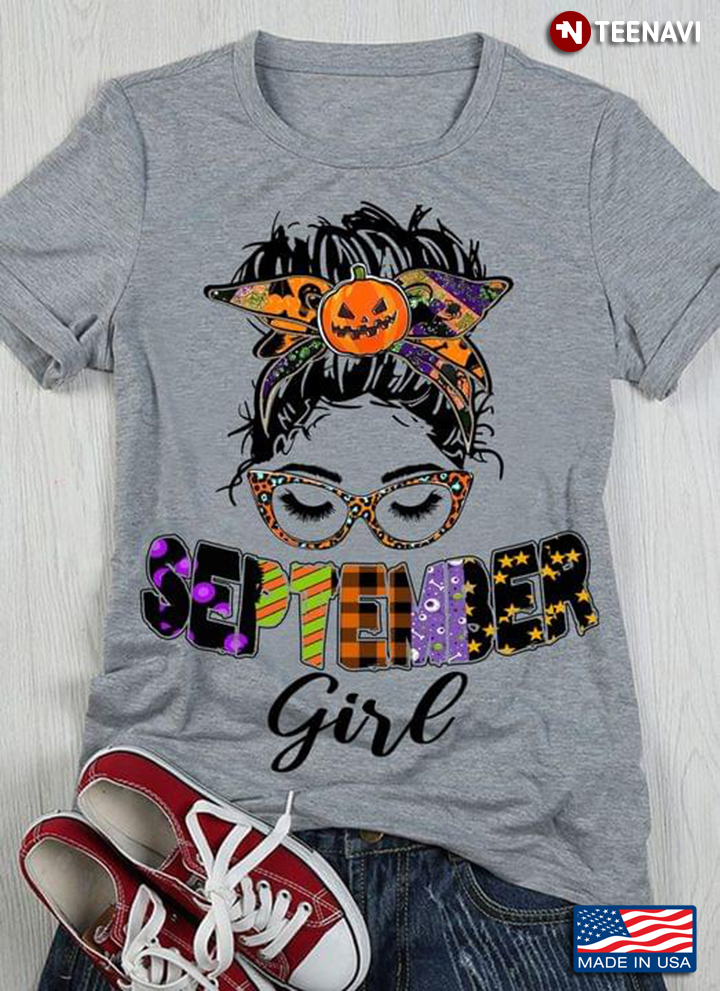 September Girl Messy Bun Girl With Pumpkin Headband And Glasses for Birthday