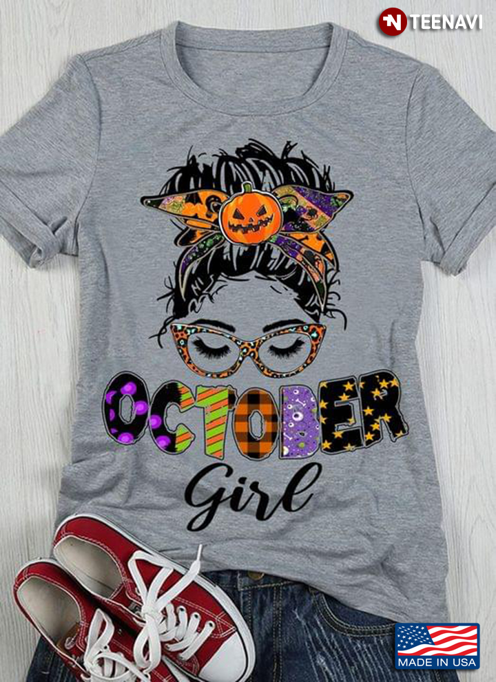 October Girl Messy Bun Girl With Pumpkin Headband And Glasses for Birthday
