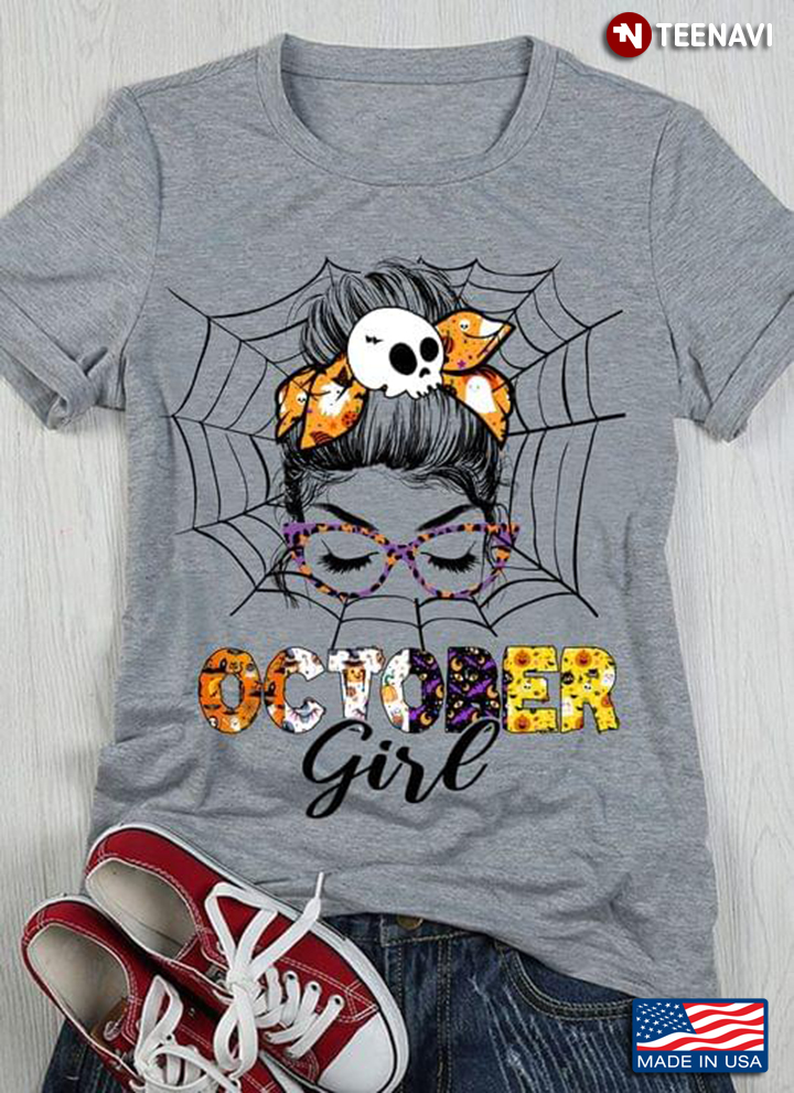 October Girl Messy Bun Girl With Orange Skull Headband And Glasses Leopard for Birthday