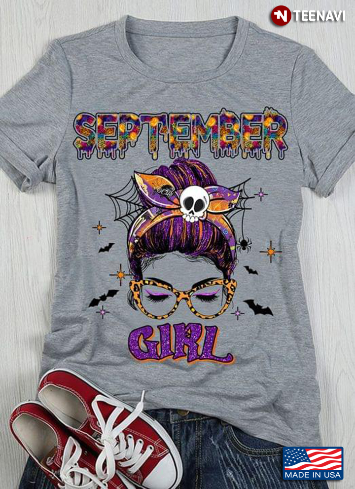 September Girl Messy Bun Girl With Skull Headband And Glasses for Birthday