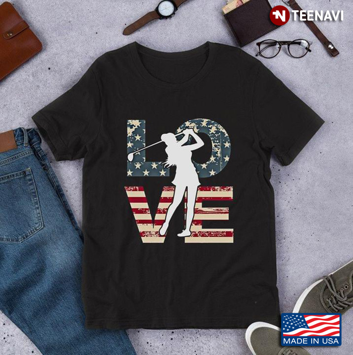 Love Woman Golfer Playing Golf American Flag for Golf Lover