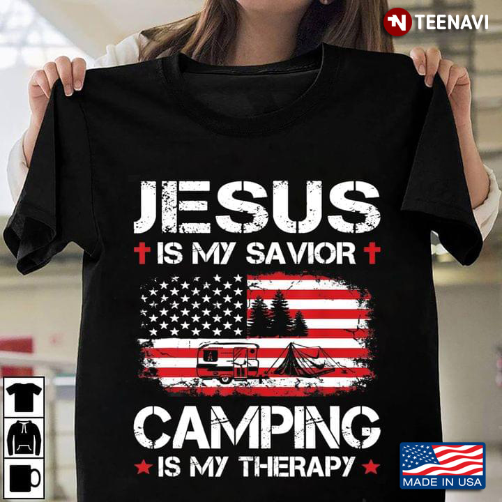 Jesus Is My Savior Camping Is My Therapy American Flag for Camp Lover
