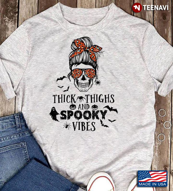 Thick Thighs And Spooky Vibes Skull Girl With Headband And Glasses Leopard for Halloween