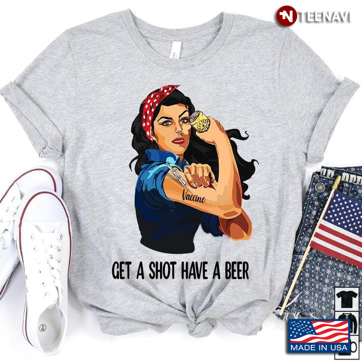 Get A Shot Have A Beer Strong Woman With Red Headband Vaccine And Beer
