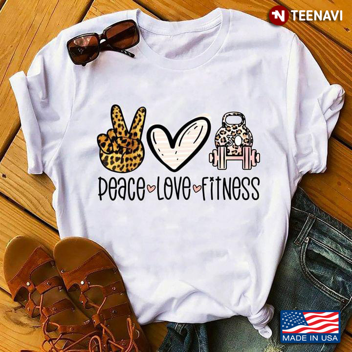 Peace Love Fitness Hand Heart Lifting Weights Leopard