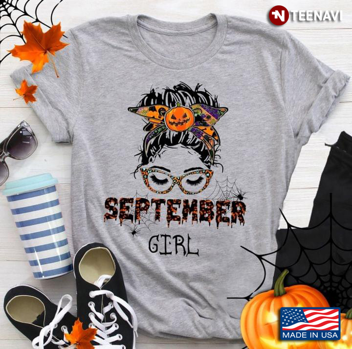 September Girl Messy Bun Girl With Pumpkin Headband And Glasses for Birthday
