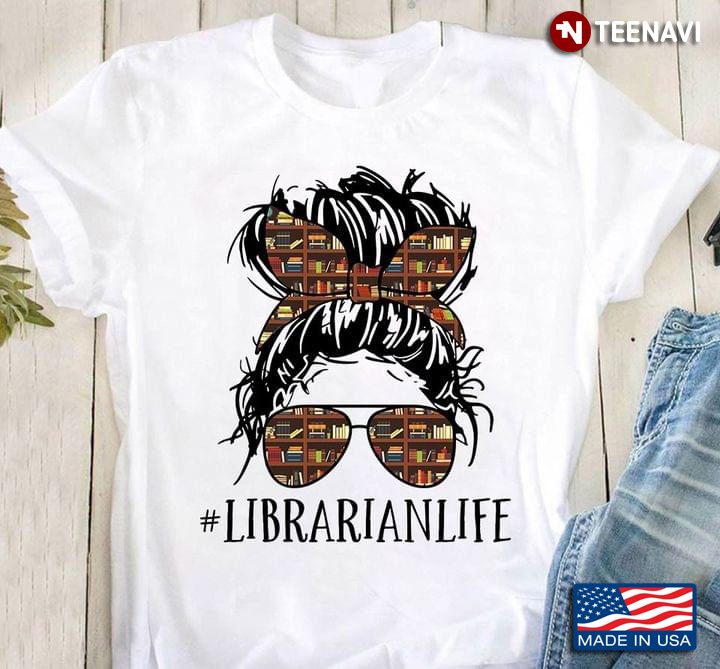 Librarian Life Messy Bun Girl With Bookshelf Headband And Glasses