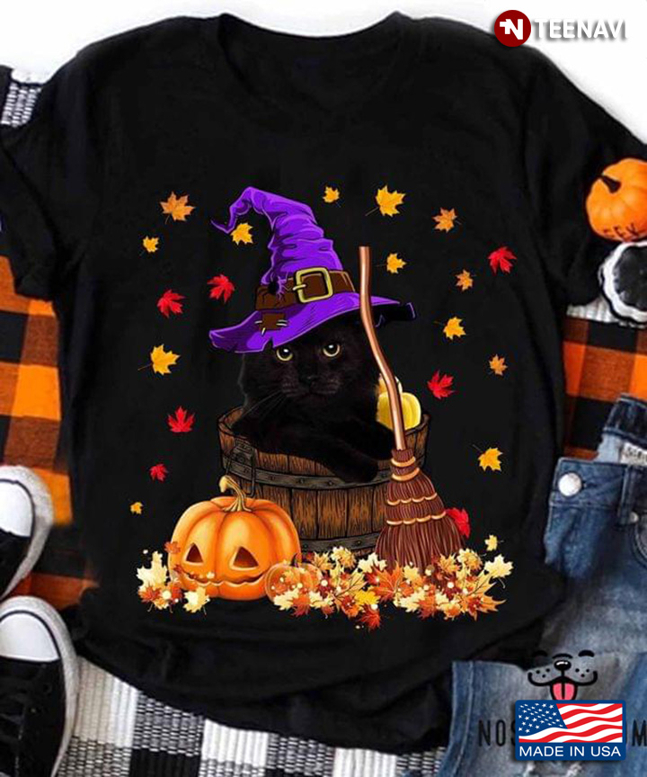 Black Cat Witch With Broom Pumpkin for Halloween