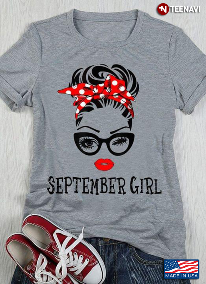 September Girl Messy Bun Girl With Red Headband And Glasses for Birthday