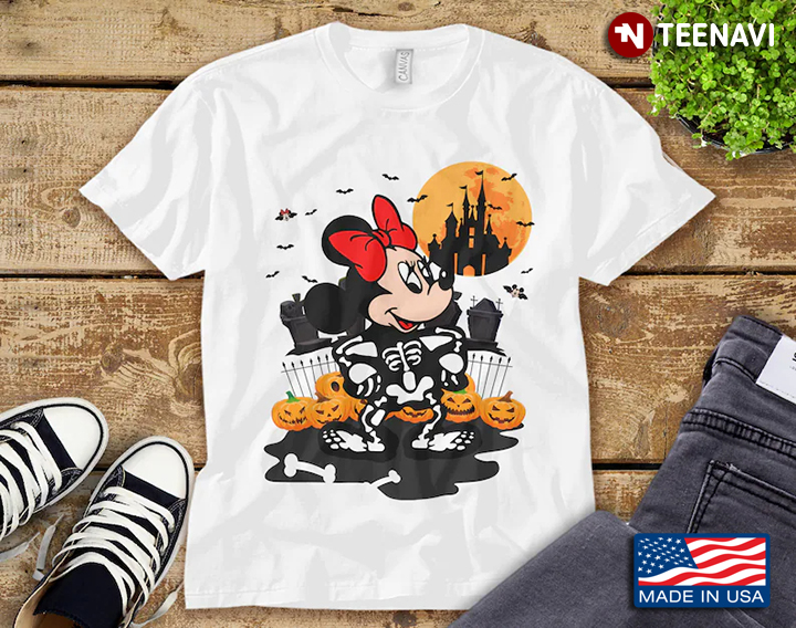 Minnie Mouse Skeleton With Jack O’ Lantern And Full Moon Disney Character for Halloween T-Shirt