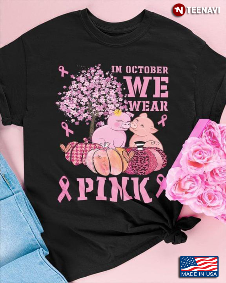 In October We Wear Pink Breast Cancer Awareness Couple Pigs With Ribbon And Pumpkin Leopard