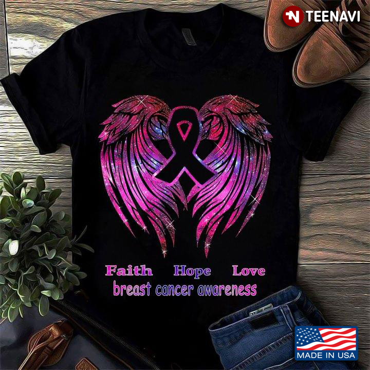 Faith Hope Love Breast Cancer Awareness Pink Wings With Ribbon
