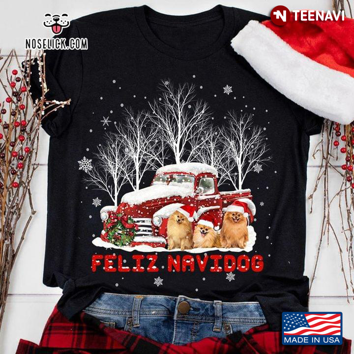 Feliz Navidog Pomeranian With Christmas Hat Beside Red Car for Christmas