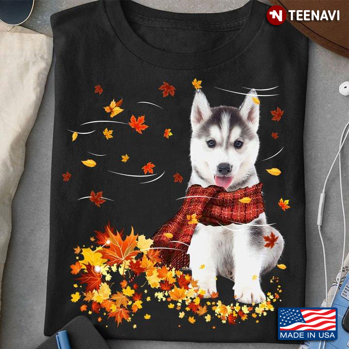 Siberian Husky With Scarf And Autumn Leaves Happy Fall