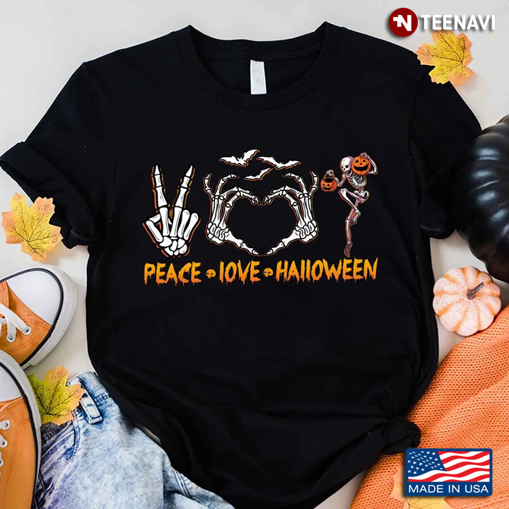 Peace Love Halloween Skeleton With Jack O' Lantern Funny Design for Halloween