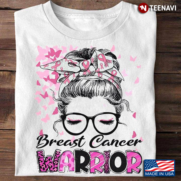 Breast Cancer Warrior Messy Bun Girl With Headband And Glasses Leopard