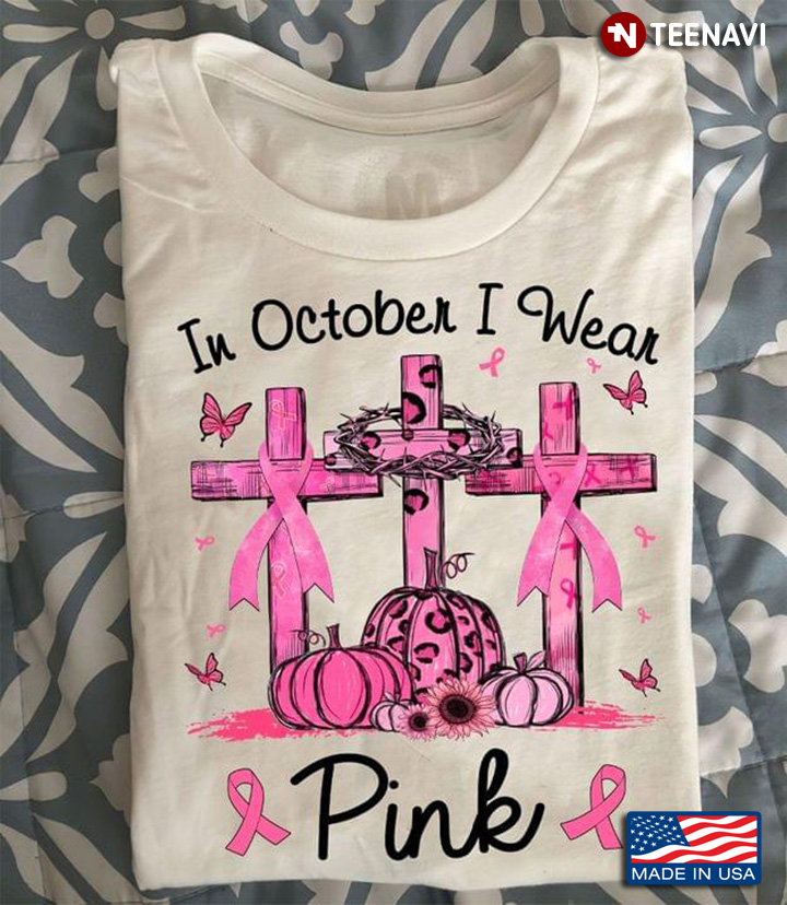 In October I Wear Pink Breast Cancer Awareness Cross With Pink Ribbon And Pumpkin Leopard