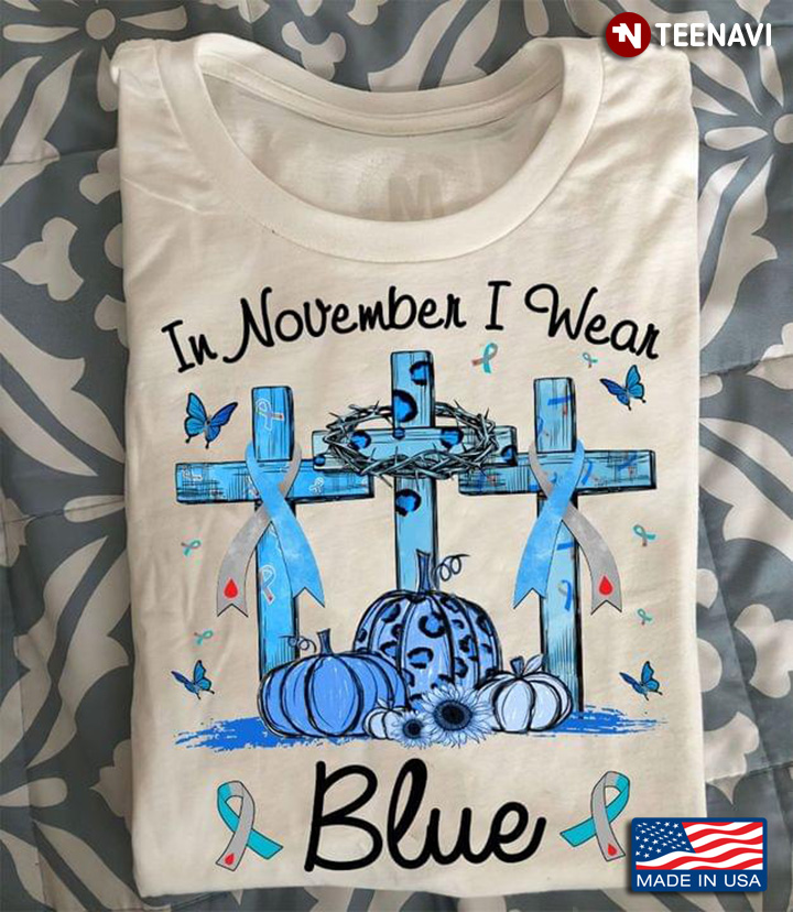 In November I Wear Blue Diabetes Awareness Cross With Ribbons And Pumpkin Leopard