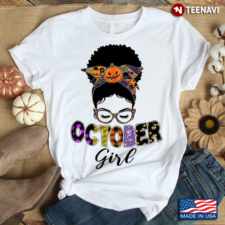 October Girl Messy Bun Girl With Pumpkin Headband And Leopard Glasses