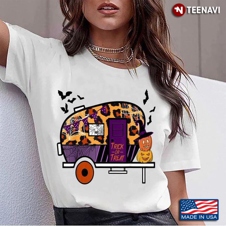 Trick Or Treat Leopard Camping Car With Jack O' Lantern And Witch Hat for Halloween T-Shirt