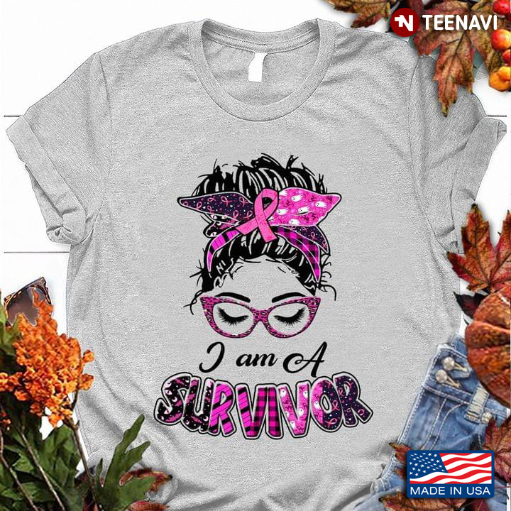 I Am A Survivor Breast Cancer Awareness Messy Bun Girl With Headband And Glasses Leopard