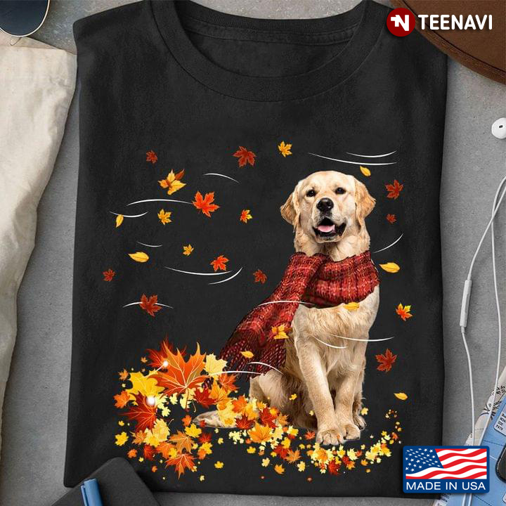 Golden Retriever With Scarf And Autumn Leaves Happy Fall