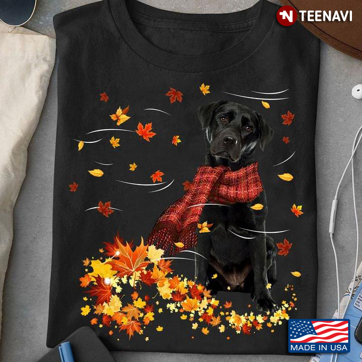 Labrador Retriever With Scarf And Autumn Leaves Happy Fall