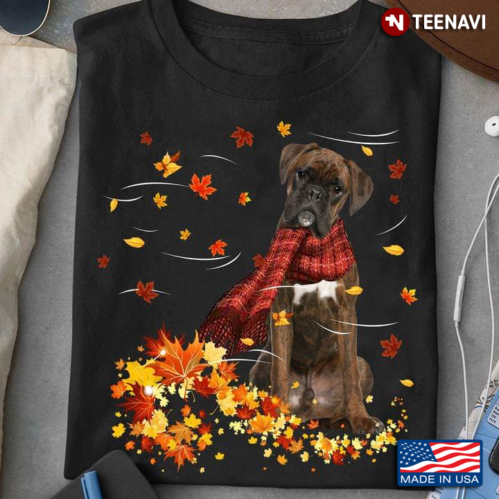 Boxer With Scarf And Autumn Leaves Happy Fall
