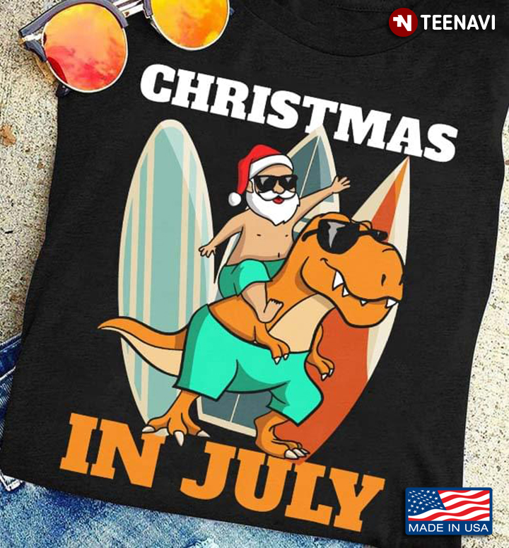 Christmas In July Santa Claus With Funny Dinosaur Go Surfing