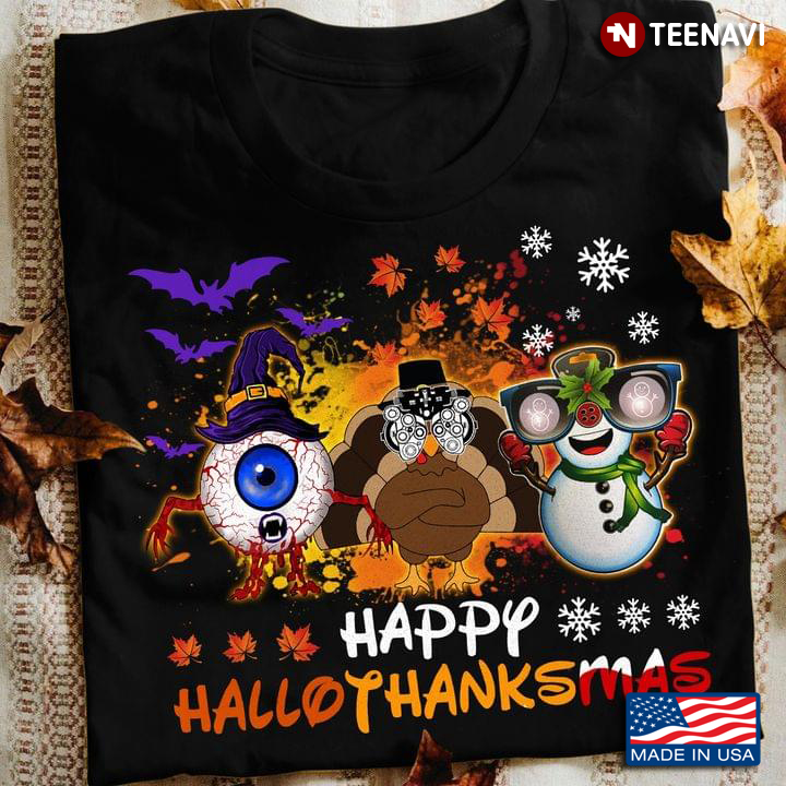 Happy HalloThanksMas Optometry Zombie Witch Turkey And Snowman Halloween Thanksgiving Christmas