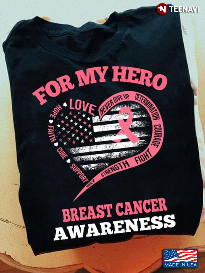For My Hero Breast Cancer Awareness American Flag With Pink Ribbon