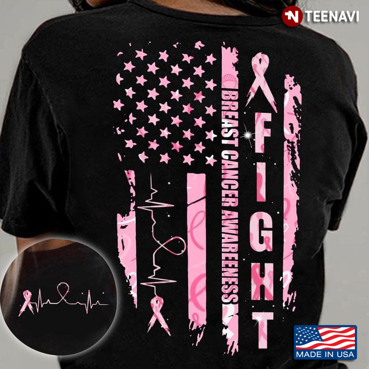 Fight Breast Cancer Awareness American Flag With Heartbeat And Pink Ribbon