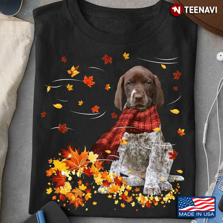German Shorthaired Pointer With Scarf And Autumn Leaves Happy Fall