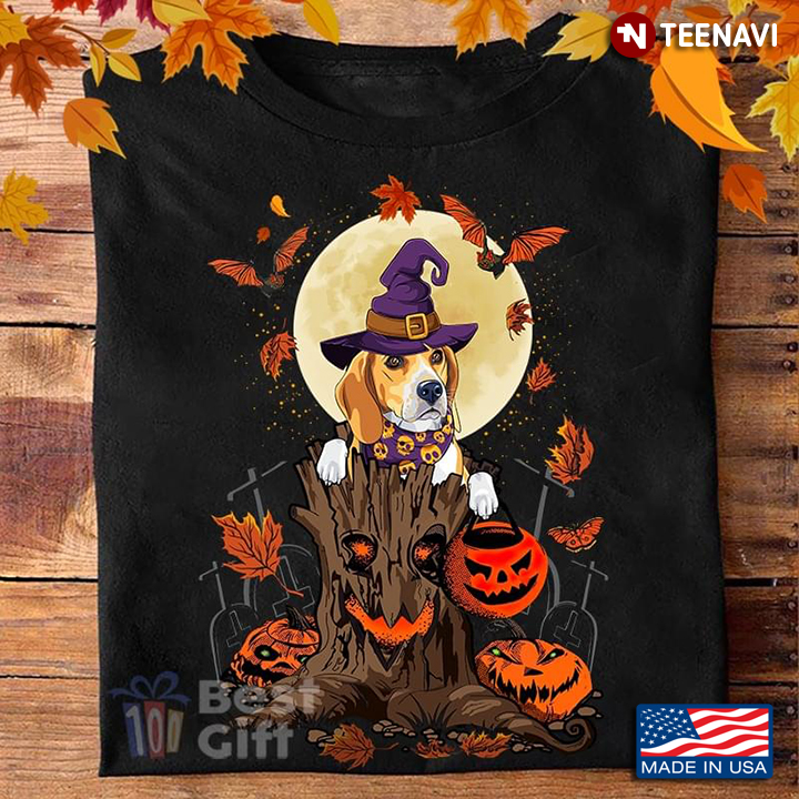 Beagle Witch Hat Funny Halloween Gifts Dog Lover Demon Pumpkin and Tree