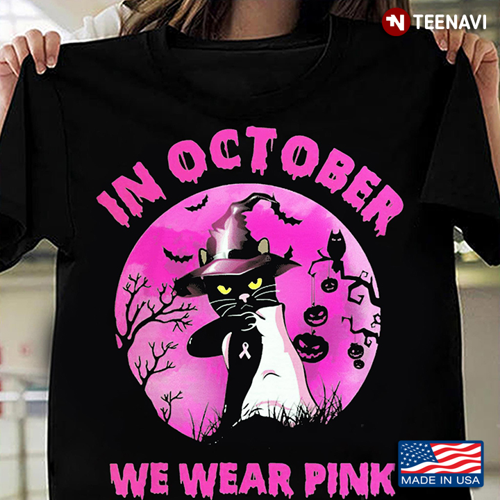 Halloween Black Cat In October We Wear Pink Breast Cancer Warrior Gift T-Shirt